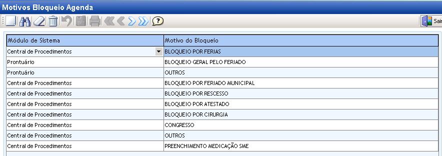 Cadastro de Motivos de Bloqueio
